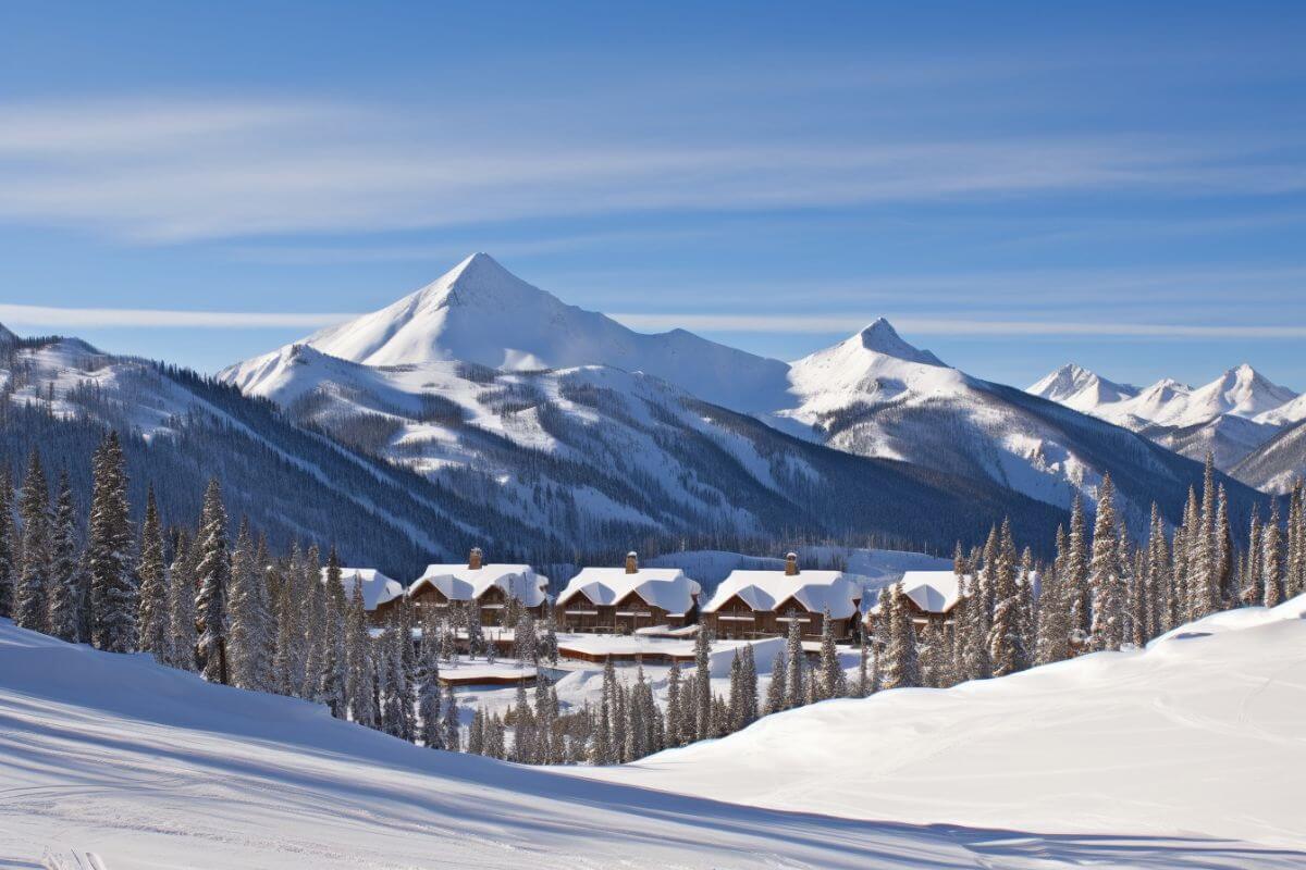 A captivating view of a ski resort with snow-covered mountains in the background.