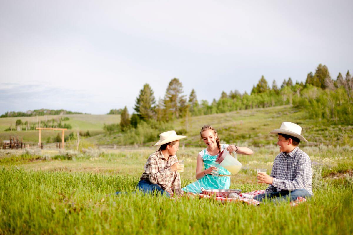 A group of people sitting in a grassy field in Montana.