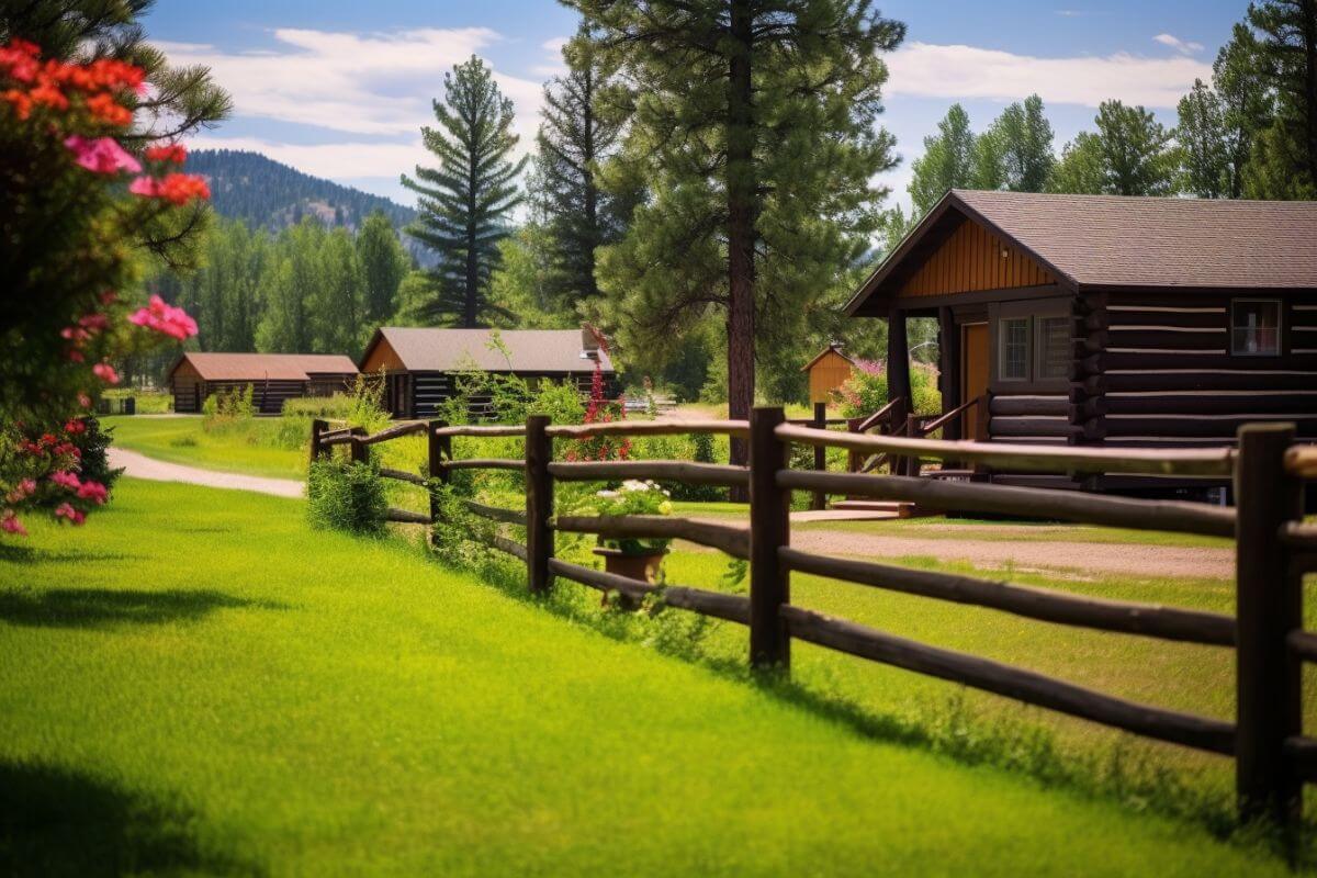 Cabins situated amid lush greenery and towering trees in a Montana ranch.