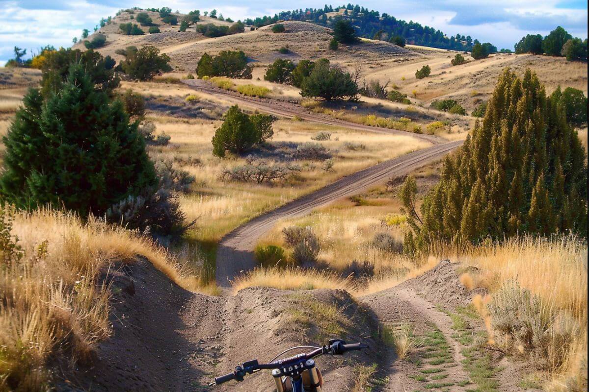 A winding dirt road with rolling hills and vegetation in Radersburg, one of the prime locations for Montana dirt bike tours.