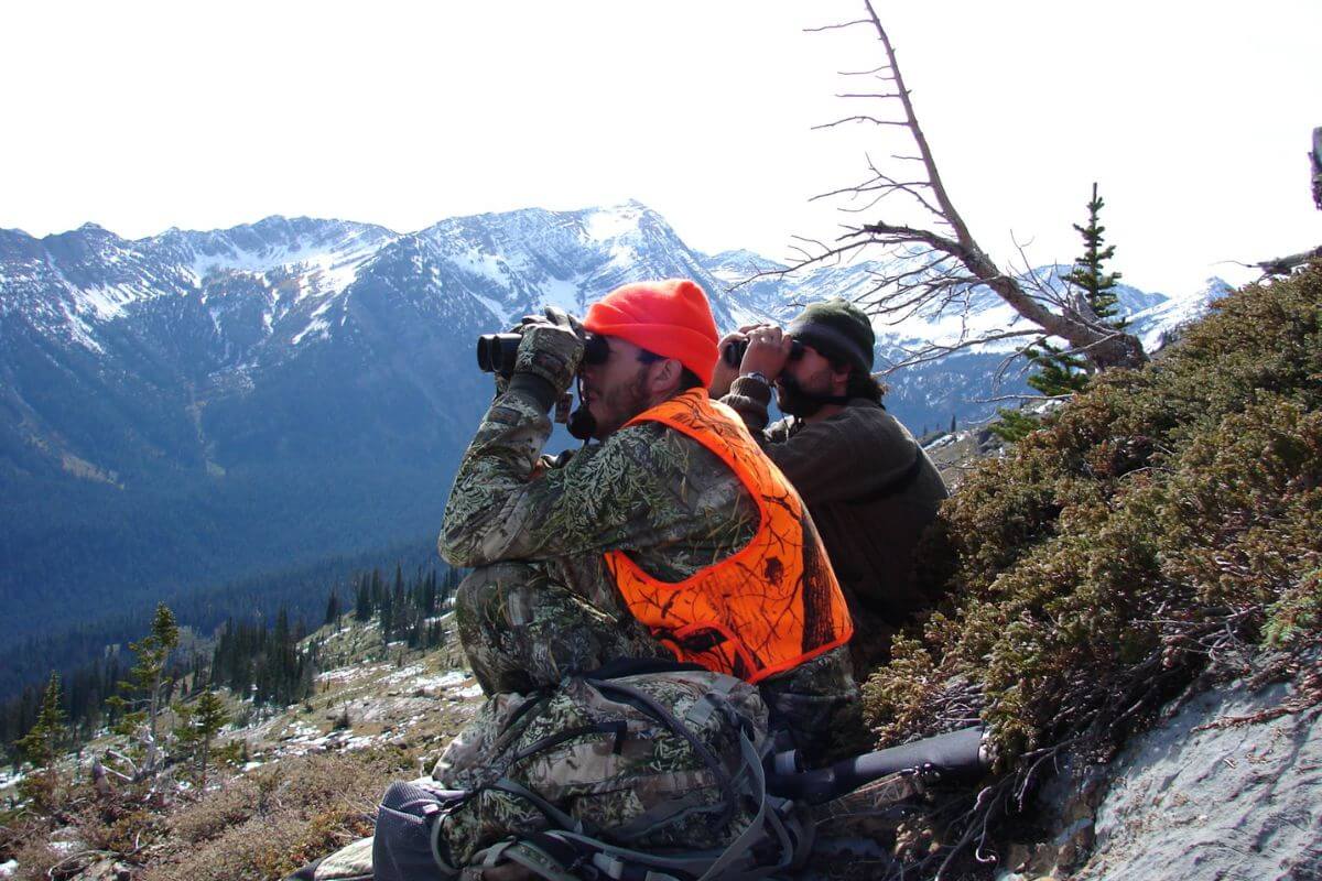 Two hunters scanning for deer from a mountain peak with binoculars in Montana.