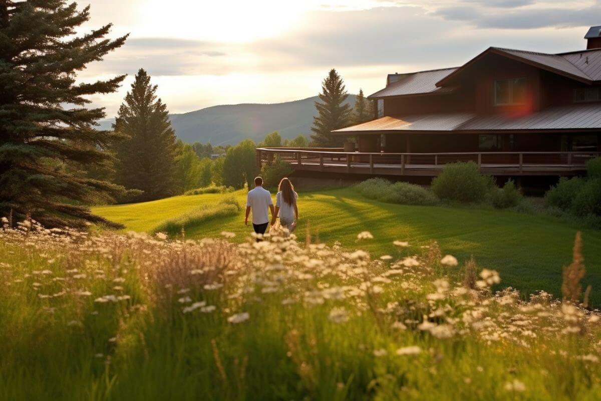 A couple enjoying a romantic walk through a grassy field near a house in Montana.