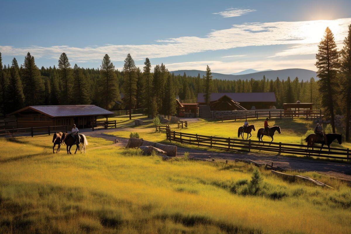 A group of people riding horses in one of the best bachelor party destinations Montana offers, The Resort at Paws Up.