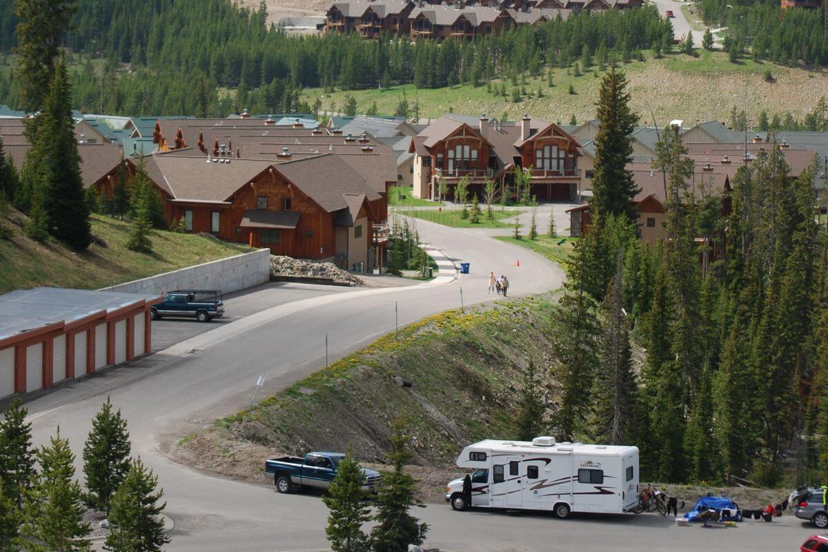 Road with lodges in Big Sky, Montana.