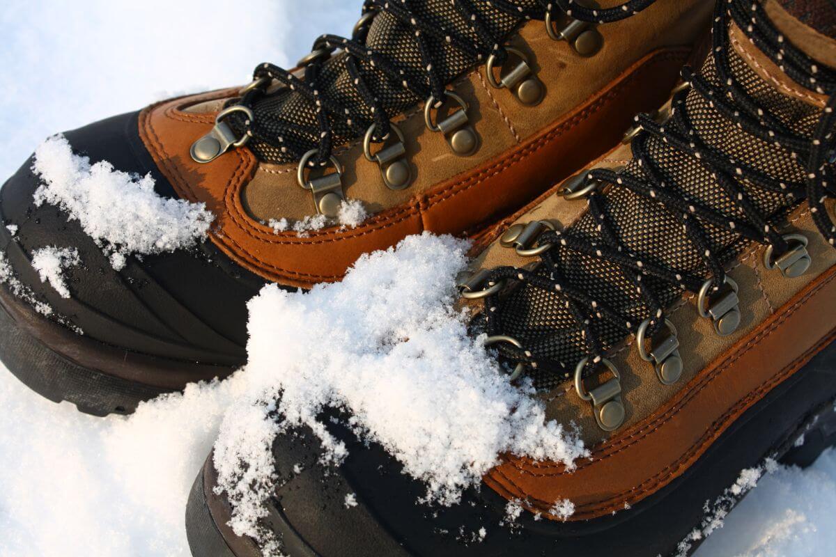 A person stands in the Montana snow in a pair of brown and tan winter hiking boots 