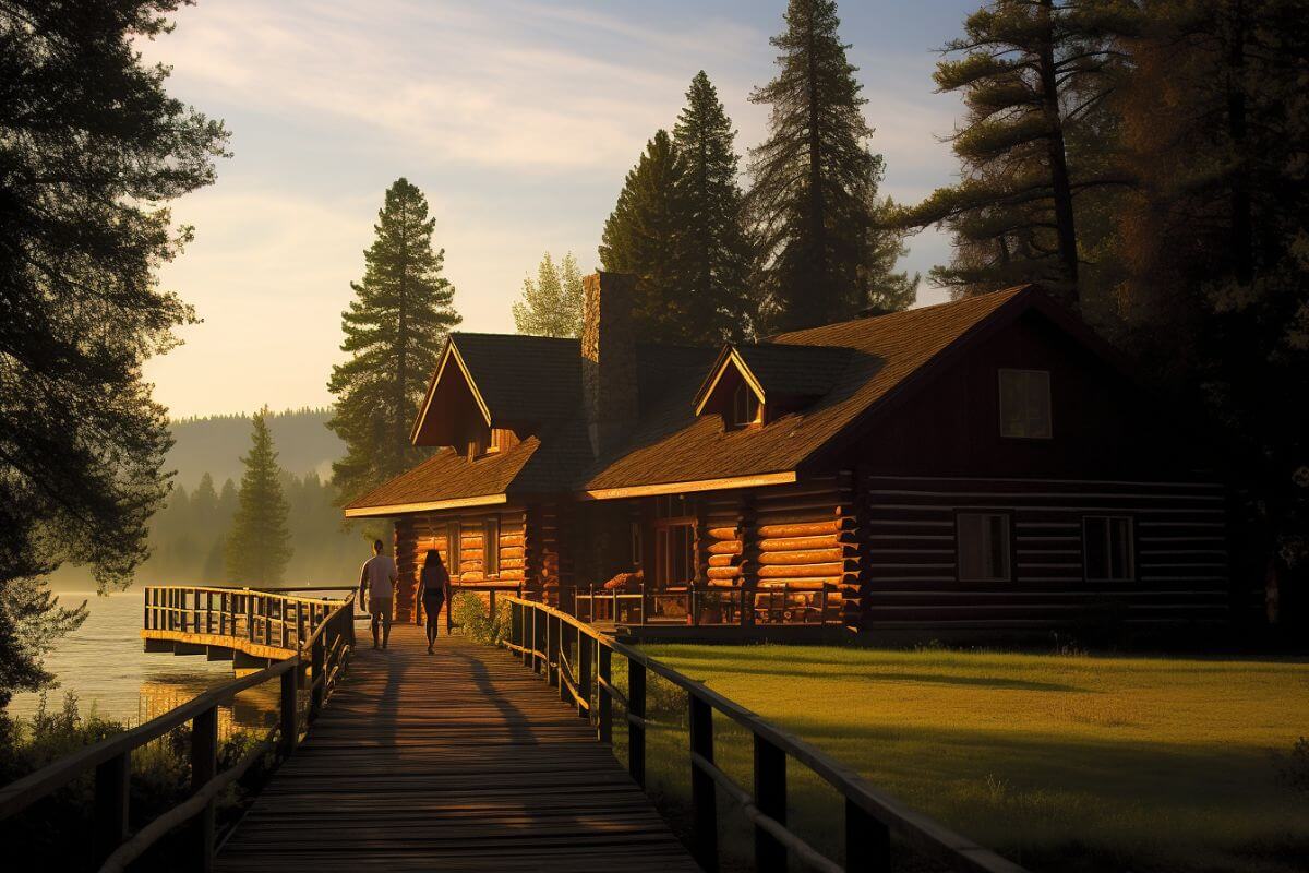 A couple walks toward their charming log cabin nestled on a tranquil lake in Montana.