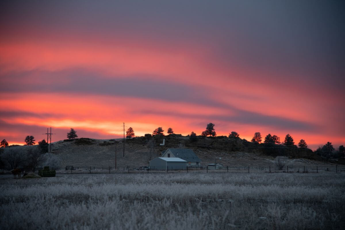 A rural sunset over a field with a barn in the background in Montana.