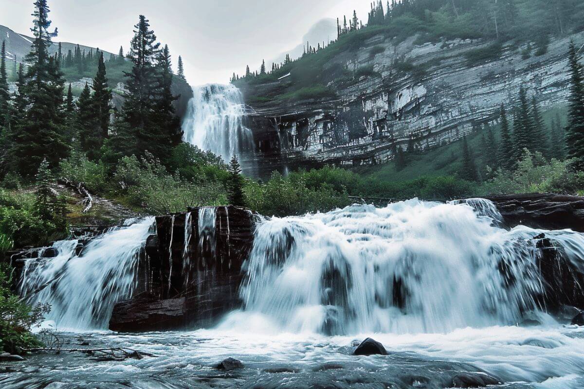 Ipasha Falls cascades over rugged cliffs amid lush greenery in Montana, serene and beautiful.