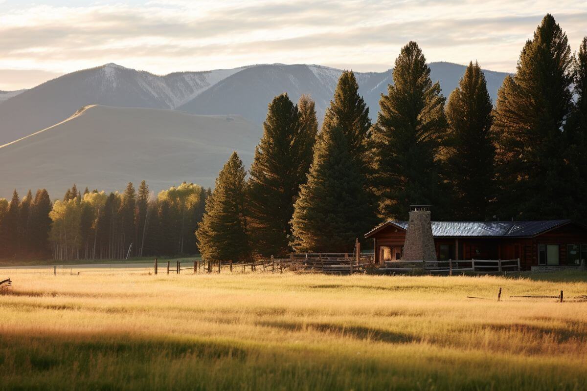 A romantic couples retreat in Montana, showcasing a charming cabin and towering pine trees.