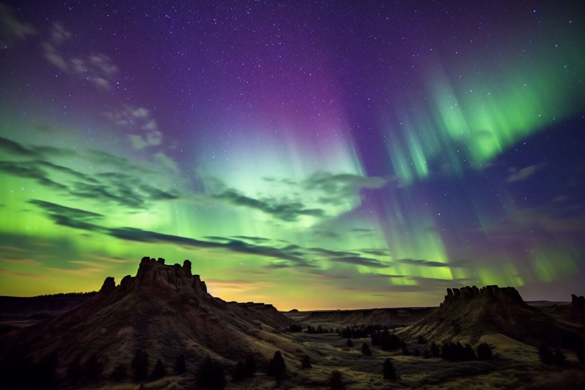 A green and purple aurora bore shimmers above a desert in Montana.