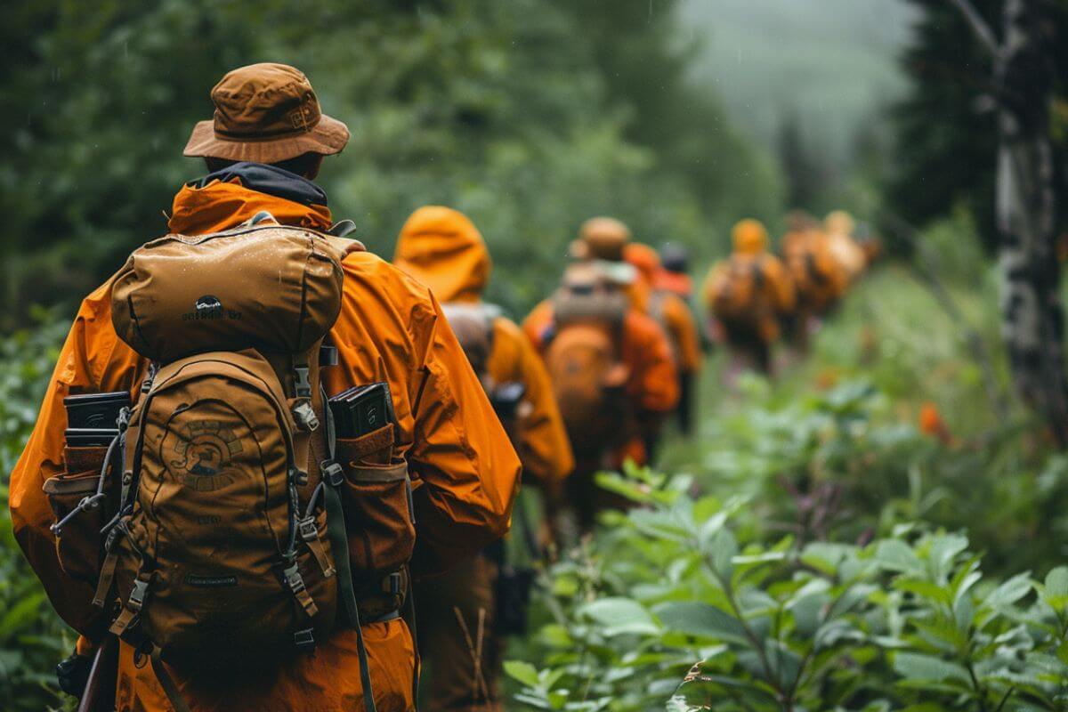 A group of hunters, clad in matching orange hunting outfits, prepares to pursue bear prey.