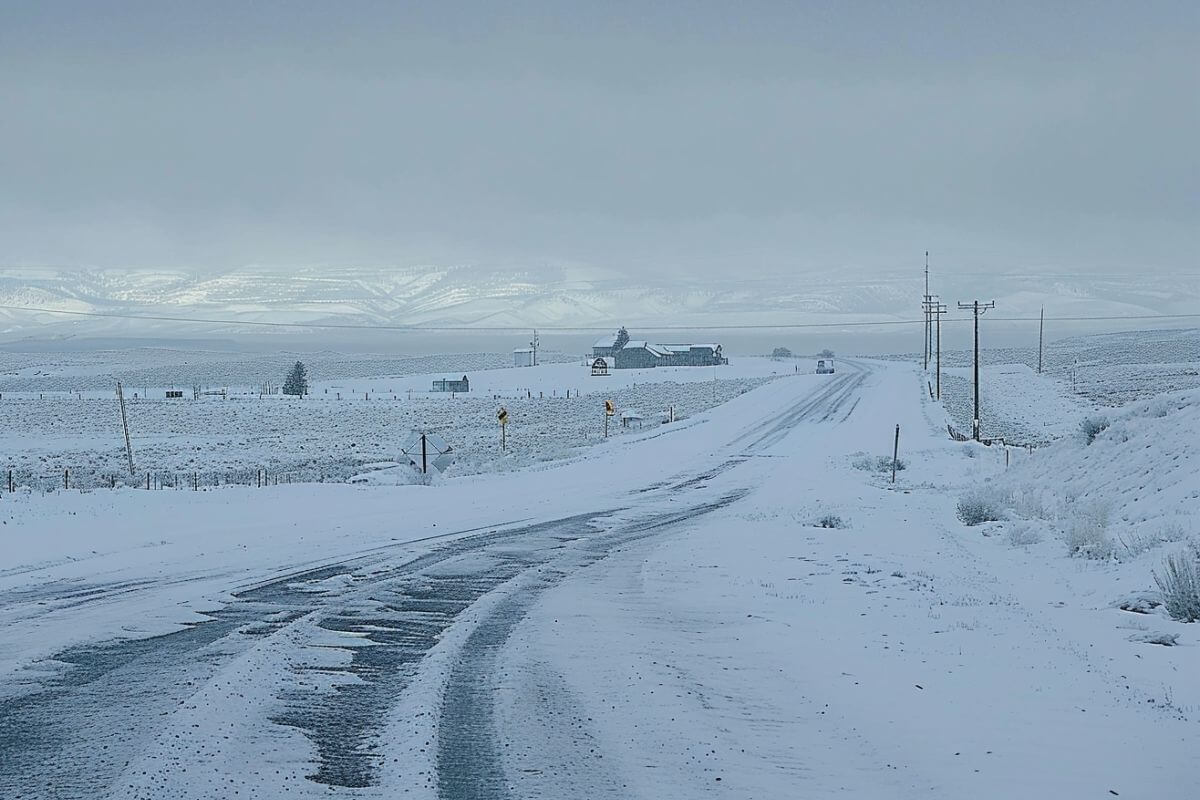 A quiet rural town in Montana blanketed in snow