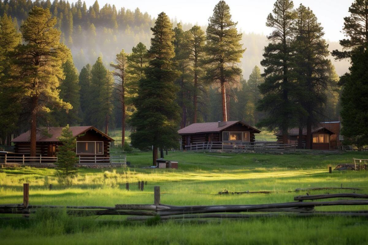 A group of Montana cabins in a grassy field with trees in the background.