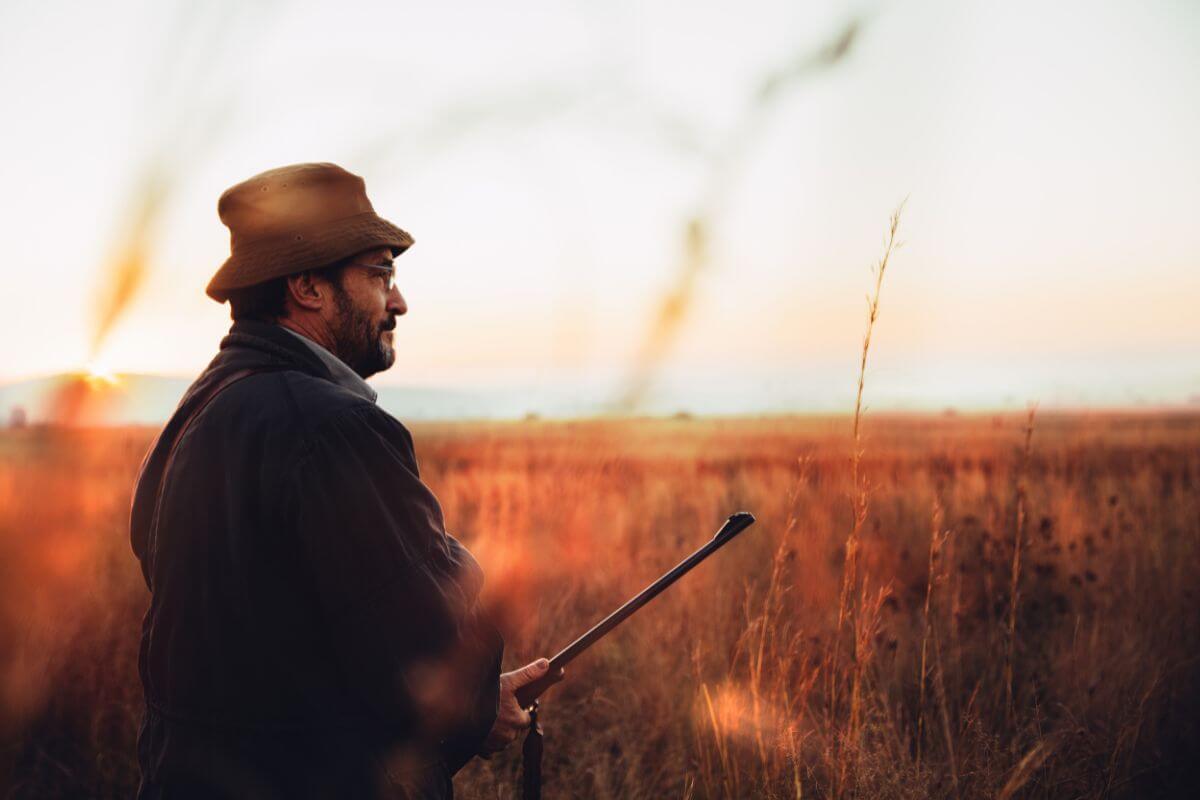 An expert hunter carries his hunting rifle while scanning a field in Montana for potential prey.