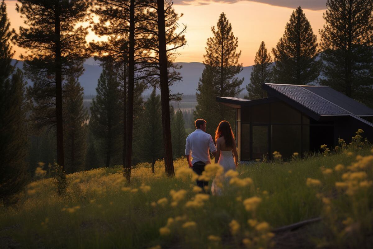 A couple standing in front of a cozy cabin at the Green O, Montana.