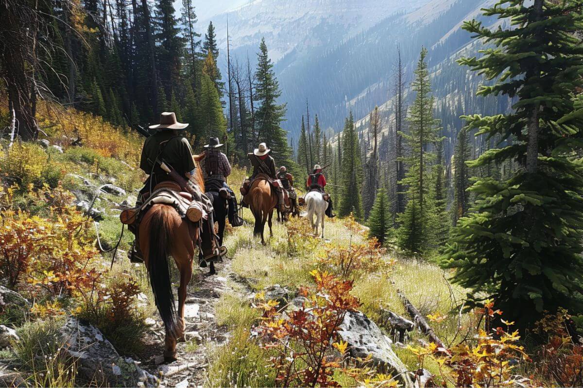 A group of hunters from Stockton Outfitters riding horses on a trail in the mountains of Montana.