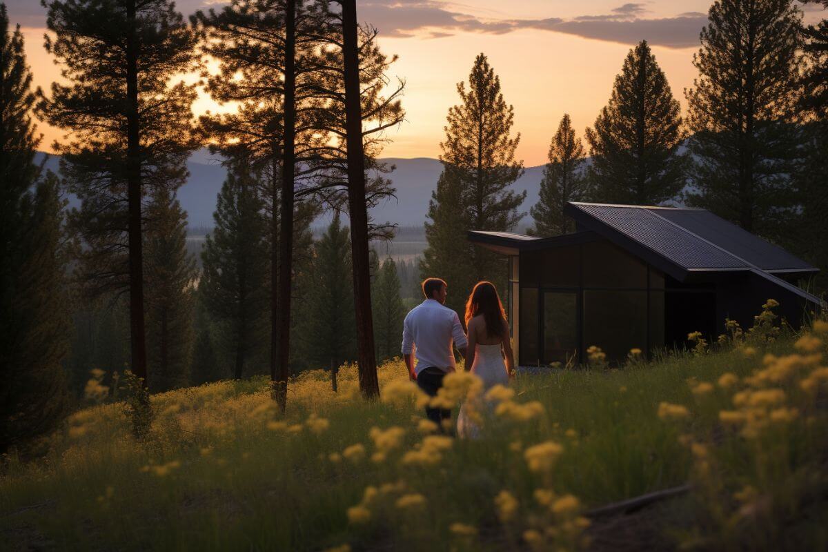 A couple enjoys a sunset from outside their cabin in Montana.