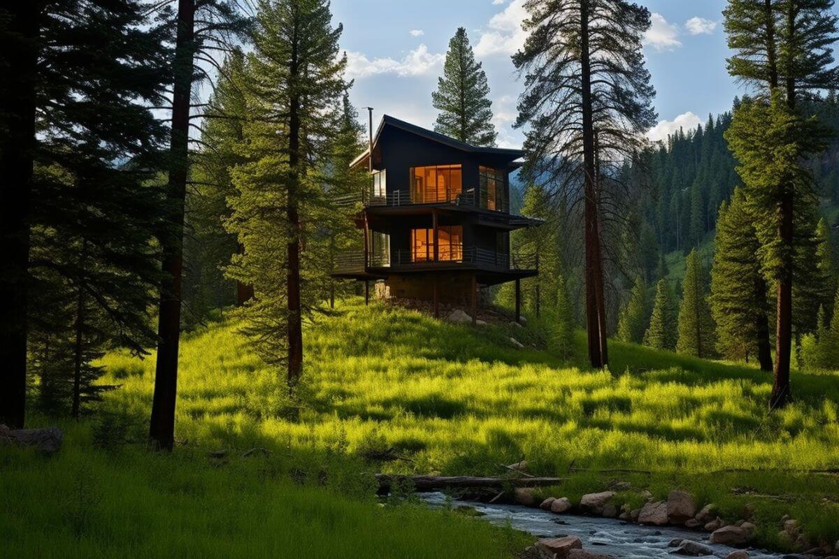 A unique-looking cabin sits on elevated ground in pristine forest in Montana.