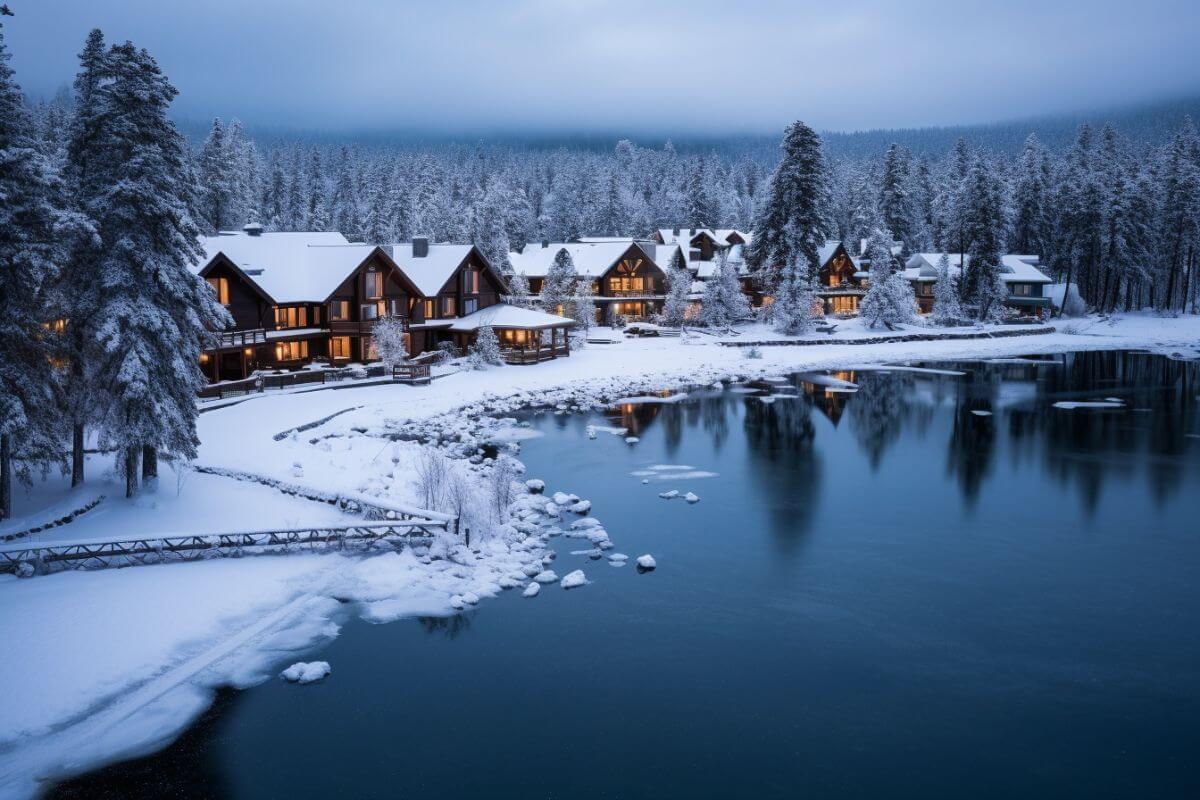 Snow-covered cabins and tall trees near a  lake in Montana.