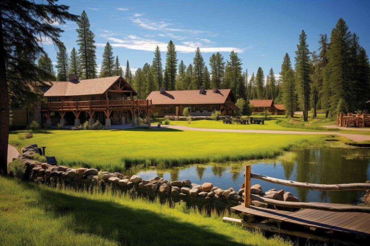 Gorgeous log cabins are nestled amid a grassy plain in Montana, surrounded by towering pine trees, with a pond and a small wooden bridge in the foreground.