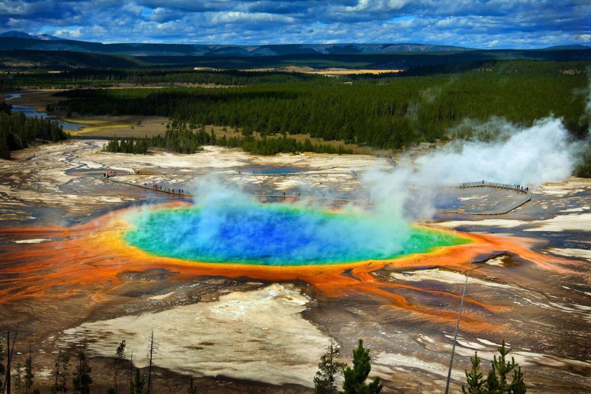A view of the Grand Prismatic Spring during a Tours4fun bus tour of Yellowstone National Park.