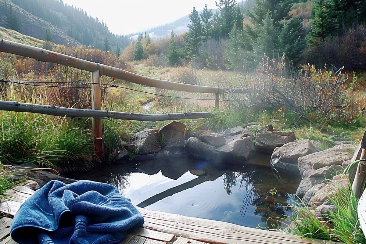 A hot tub with a wooden deck amid trees and mountains in Upper Potosi Hot Springs in Montana