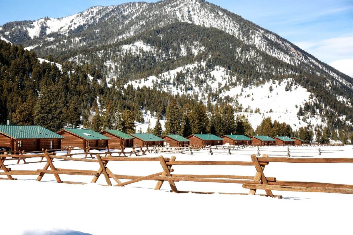 A row of wooden cabins with green roofs sits in a snow-covered landscape at 320 Guest Ranch.