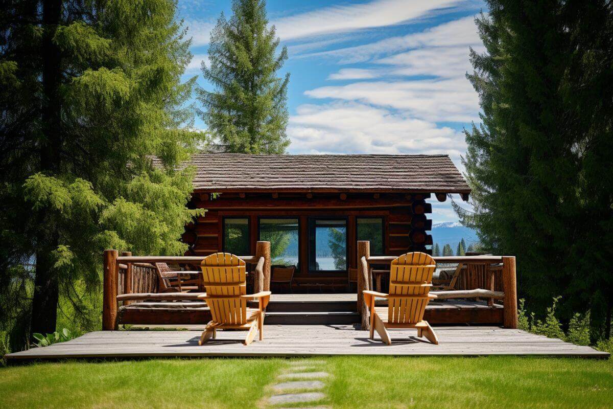 Two wooden chairs on a deck in front of a log cabin, perfect for family vacations in Montana.