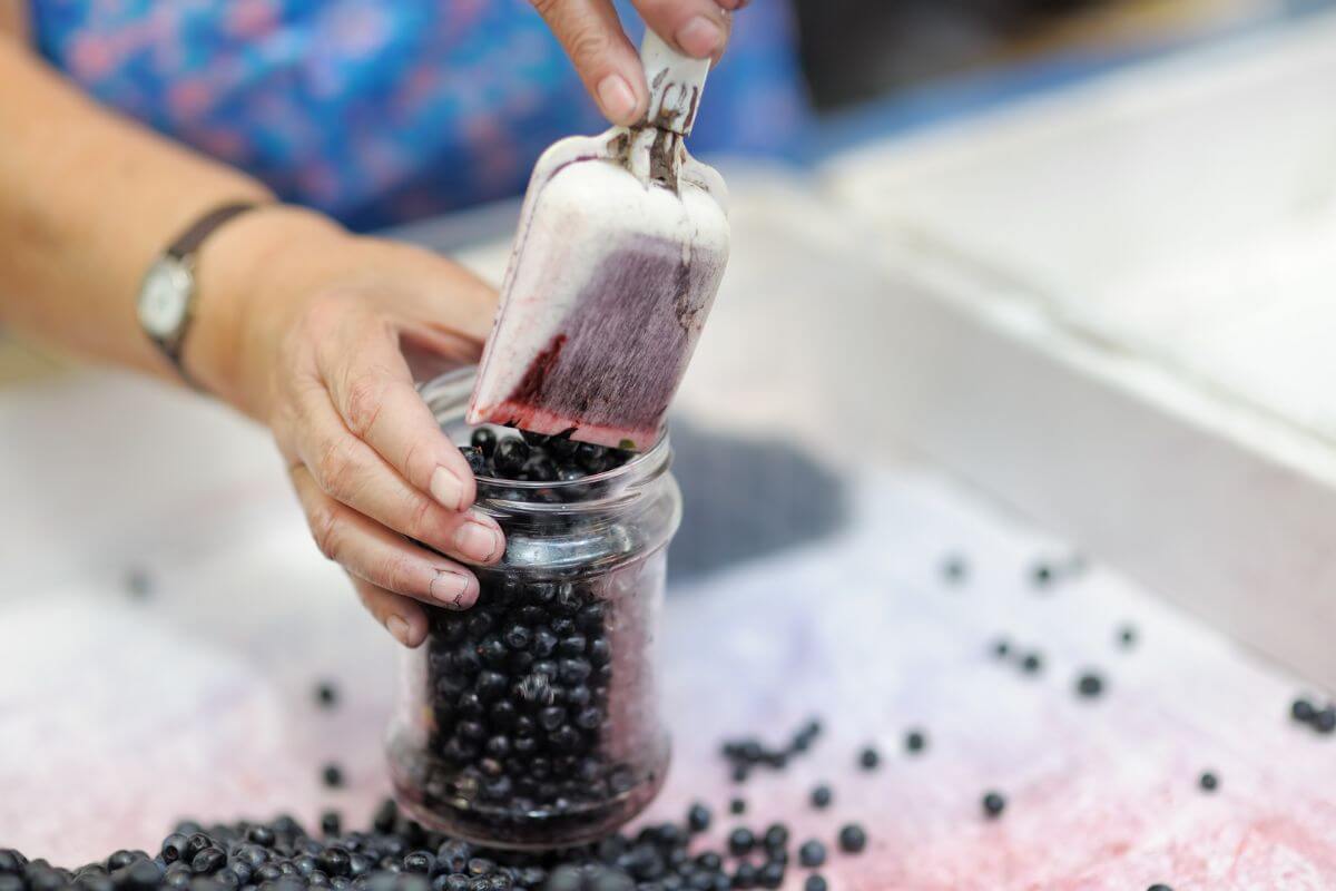 A person is pouring huckleberries into a jar in Montana.