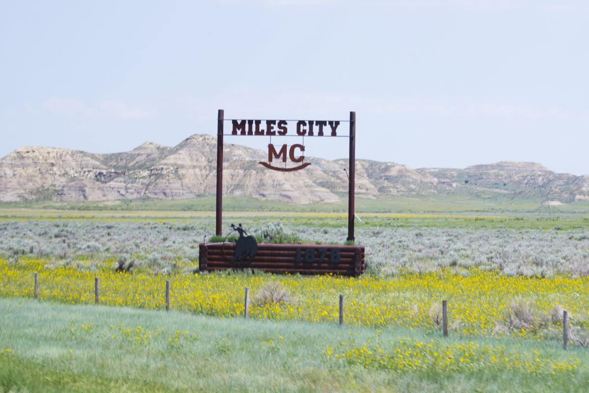 Miles City sign sits in the middle of a picturesque field 