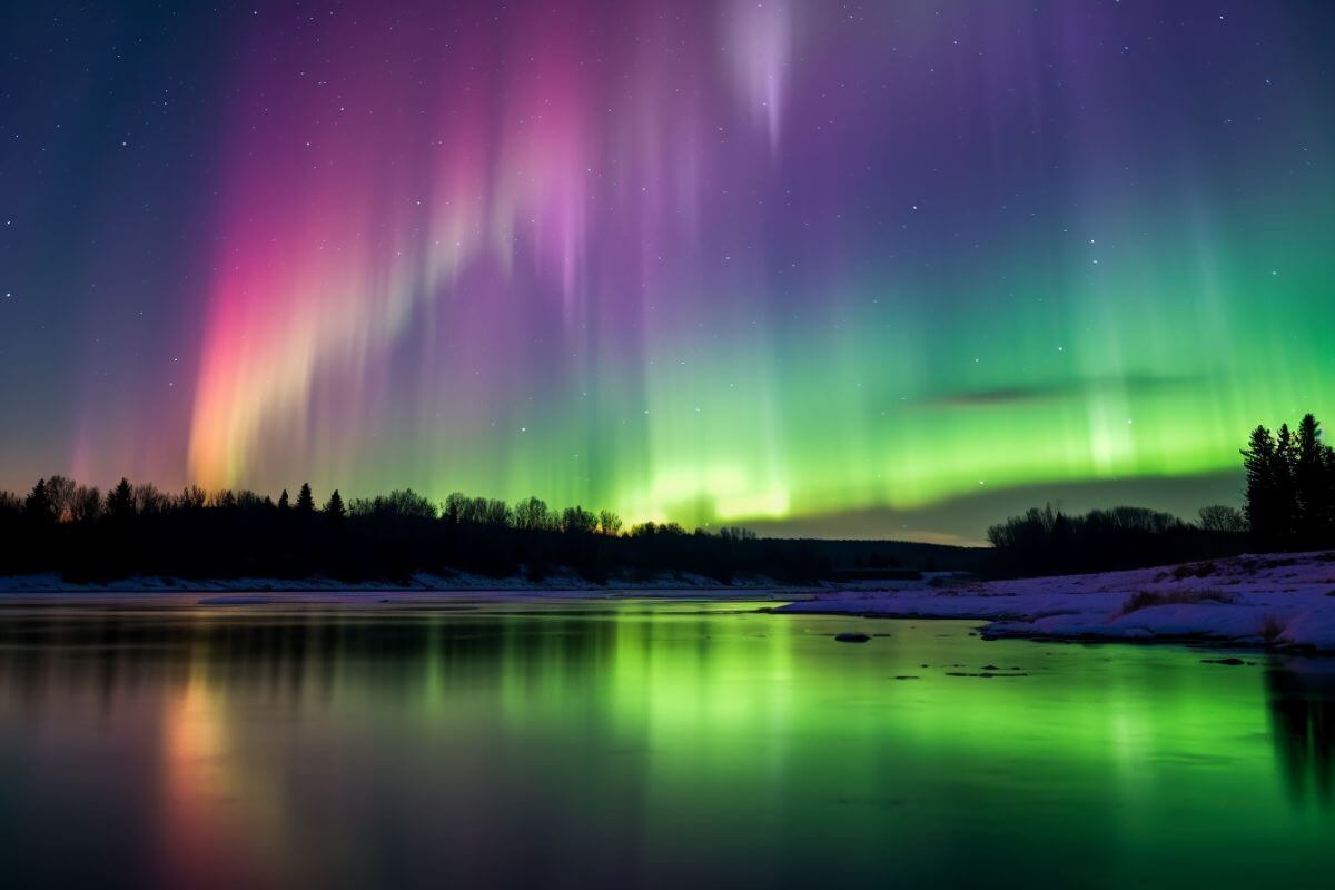 A colorful aurora borealis dances over a river in Montana.