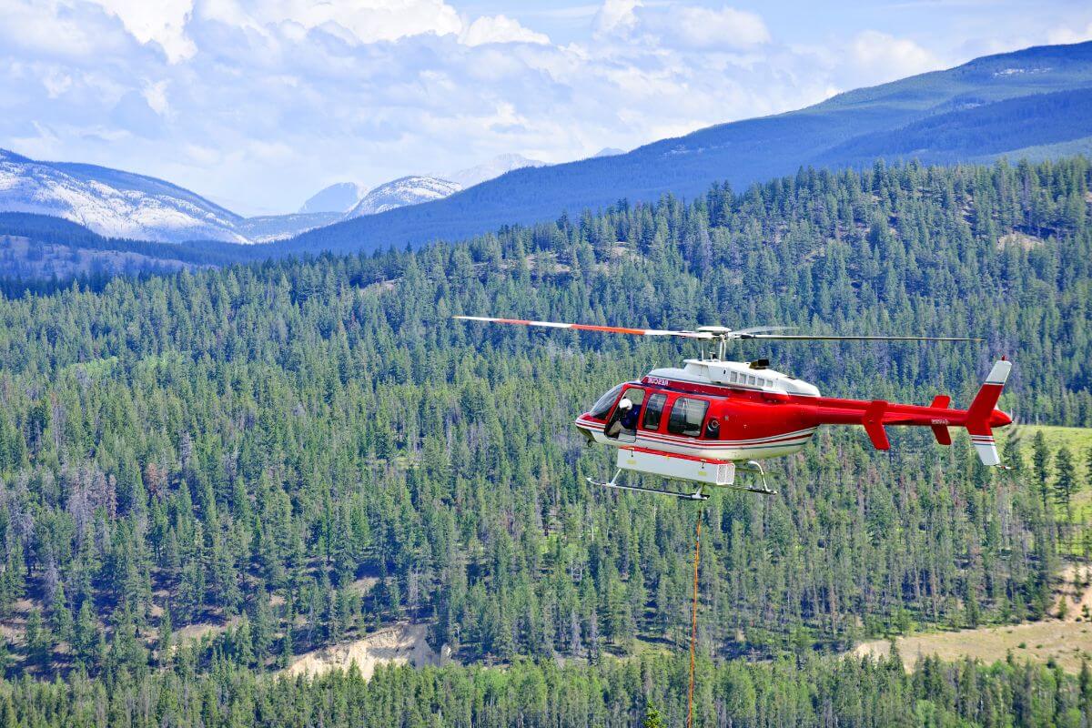 A helicopter soars over a forest with mountains in the background, one of the best Montana tours.