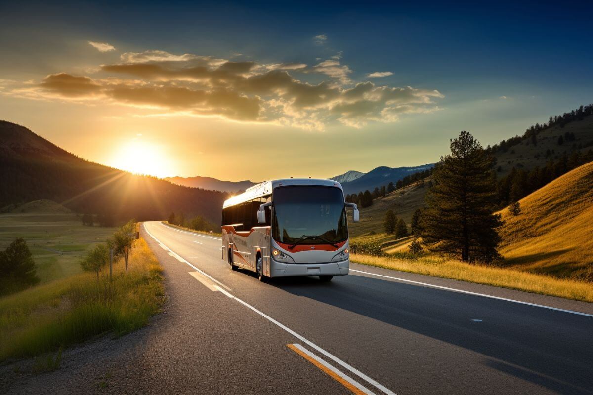 A public bus driving through the picturesque roads of Montana at sunset.