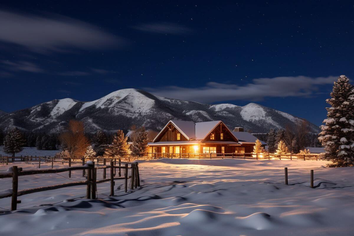 A cozy cabin nestled amid the snow-capped mountains in Montana.