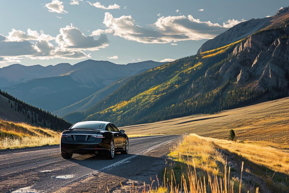 An Uber Guide driving a black car down a mountain road in Montana.