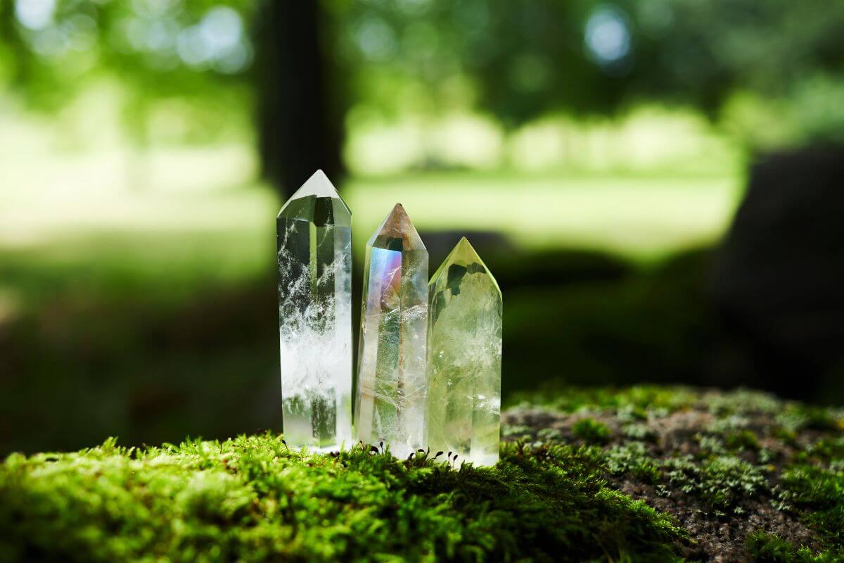 Three Montana quartz sit on top of moss in a forest.