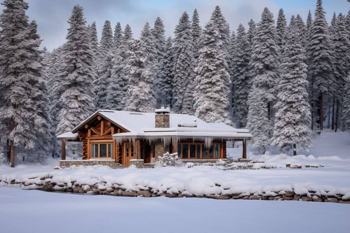 A lodge nestled in the picturesque Montana wilderness, surrounded by snow covered trees.