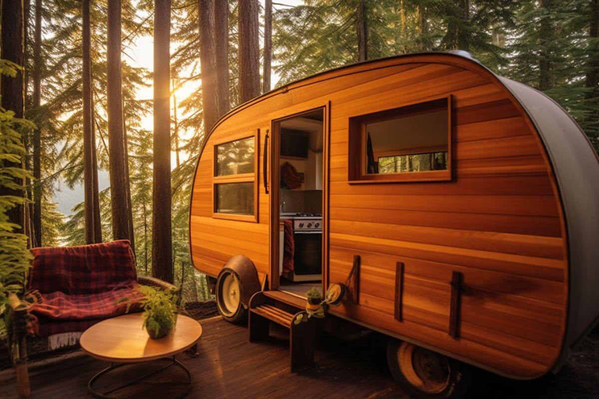A unique wooden camper sits on a wooden deck surrounded by tall trees in Montana.