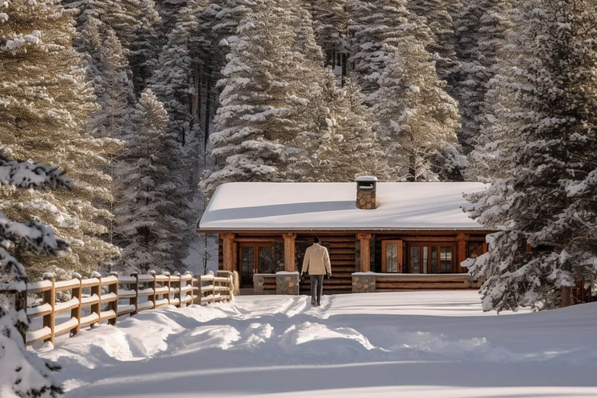 A solo traveler walks toward their cozy cabin in the snow in Montana.