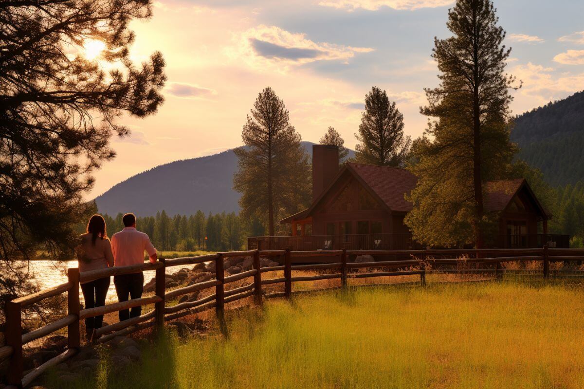 A romantic couple standing side-by-side by a fence in front of a cozy cabin at sunset in Montana.