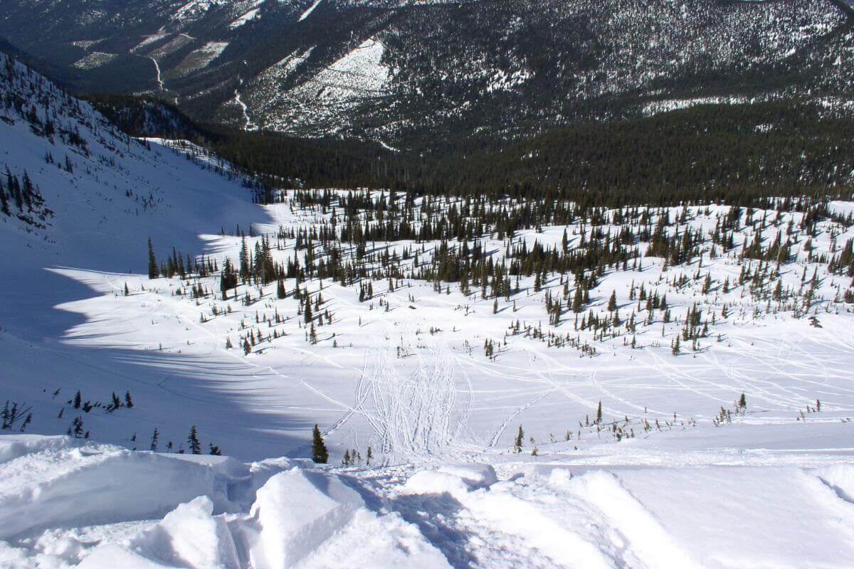 Ski marks on a snow-covered slope in Montana.