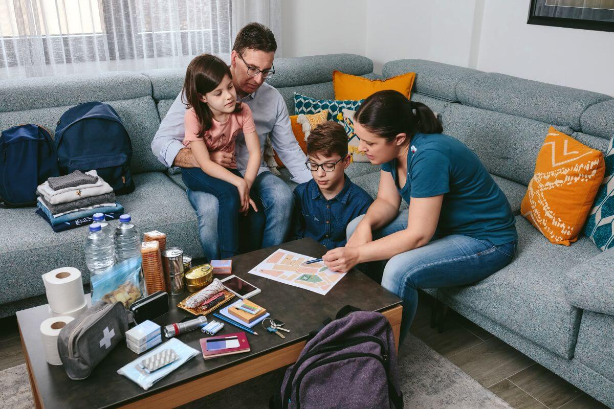 A family sits on a couch, with supplies on the table, devising a family emergency plan for Montana flooding.