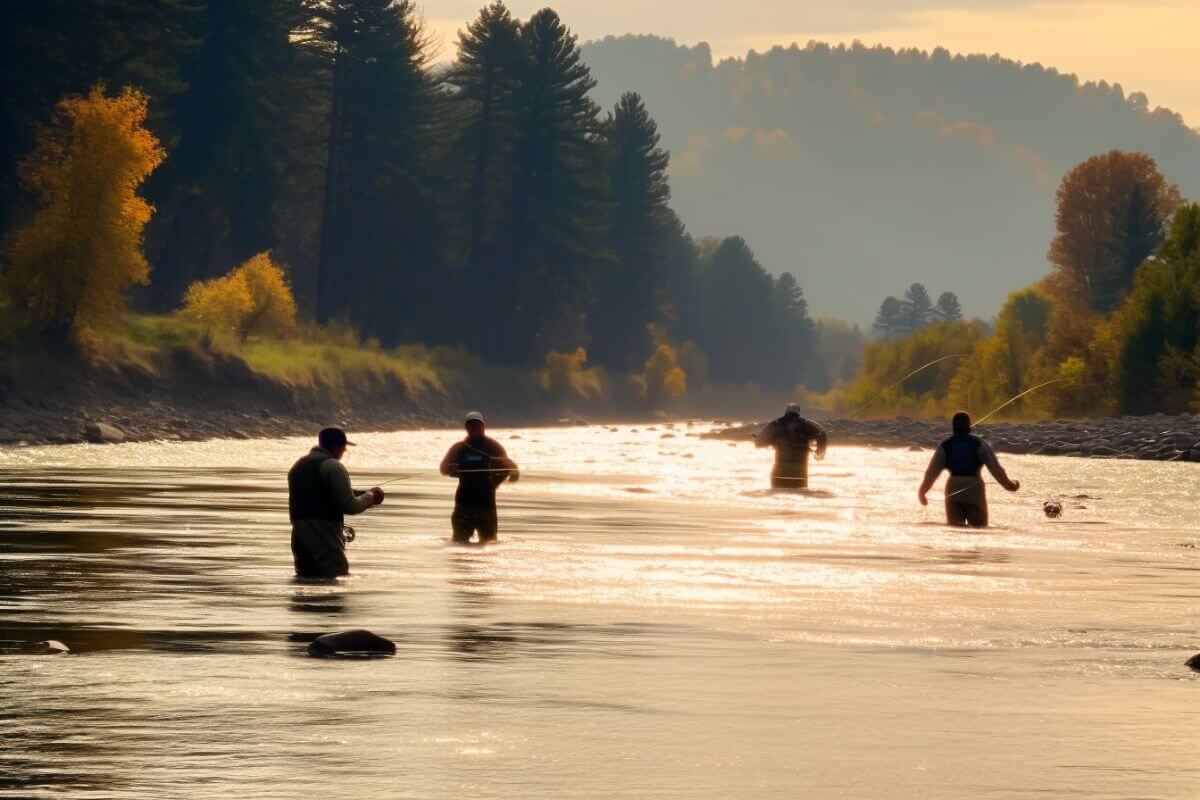 A group of people engage in the serene activity of fly fishing amidst the picturesque river landscapes of Montana.
