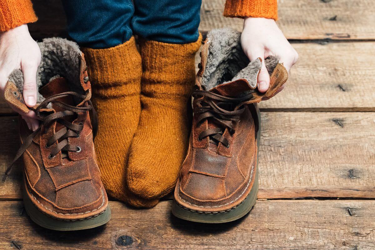 A woman places her socked feet between her brown winter boots 