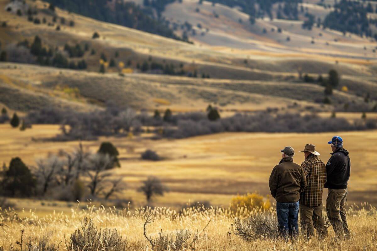 Three people stand in a field, gazing at a vast landscape of rolling hills and trees, having obtained landowner permission to hunt in Montana.