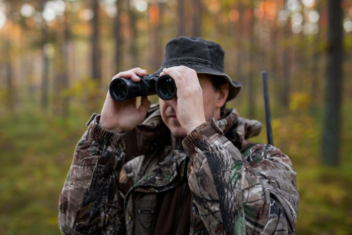 A man scans a wooded area in Montana using binoculars for potential elk prey.