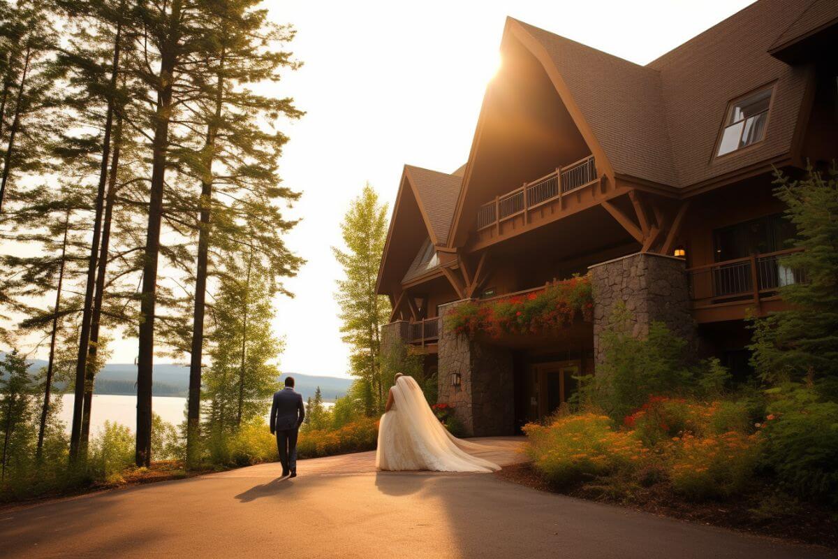 A newlywed couple walk to their gorgeous, two-story lodge beside a lake in Montana.