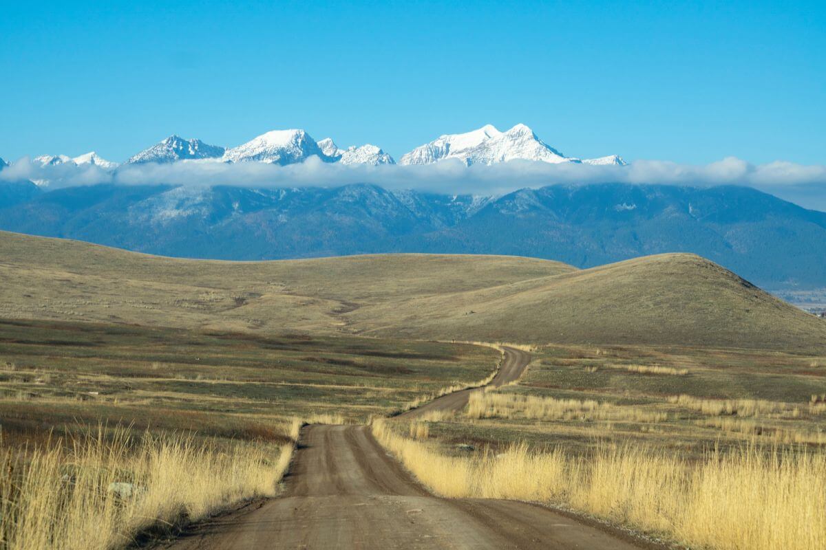 A dirt road with mountains in the background in Montana.