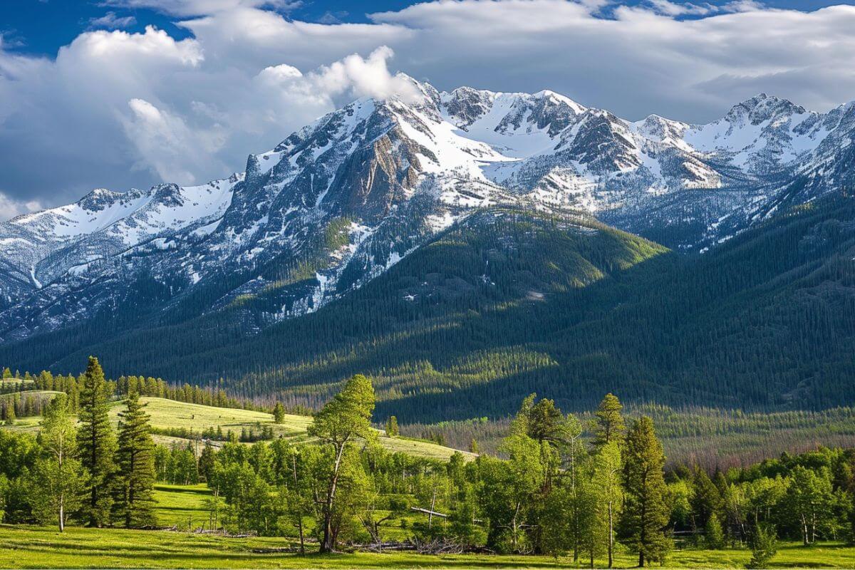 A picturesque green meadow with snow-capped mountains in the background.