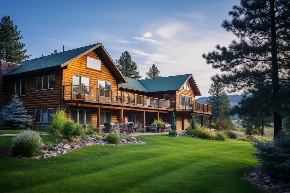 A log home with a large lawn surrounded by majestic trees in Montana.